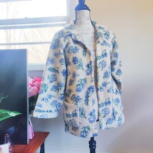 Vintage 90s Fleece Sherpa Blue Floral Cream Shacket Coat Jacket Button Down XL